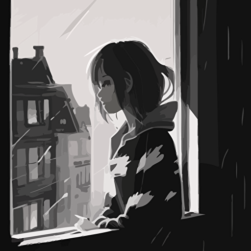 vector design ambient occlusion unreal engine 5 cell shaded art wistful anime girl looking out rainy window into city, incense burning on windowsill