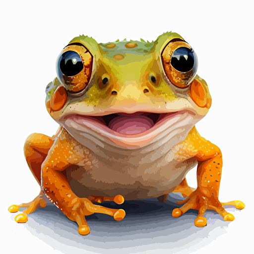 A baby fur colorfull frog, smiling, orange eyes, white background, vector art , pixar style
