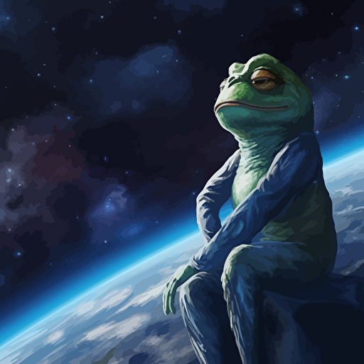 pepe, 2d vector, cartoon, rich pepe, staring at the earth from the moon
