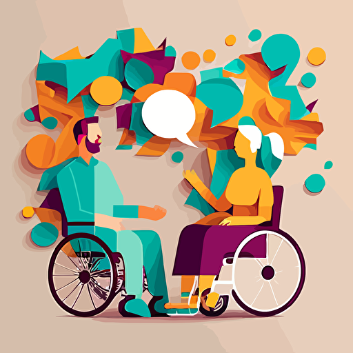 nurse behind man in wheelchair, happy, speech bubble, network, paper cutout collage vector, communication, interconnectedness, warm, positive