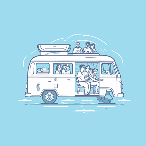 very simple line illustration of a family travelling inside the front cabin of a campervan, simplistic vector art style