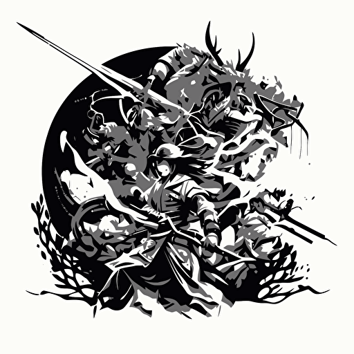 vector sketch, infinite dragons battle with samurai warriors, center composition, black and white