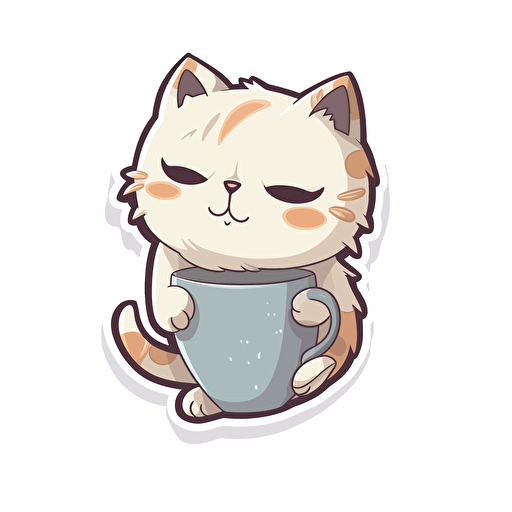 cat holding a cup of coffee, cute, illustration, vector, die cast sticker, white background