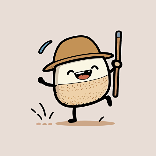 grain of rice dancing, stickman, solid body, simple line arms legs, laughing, with traditionnal asian hat, drawing, vector, sticker