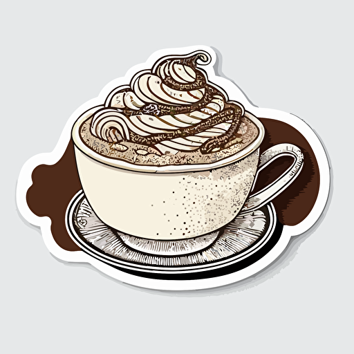 Cappuccino , Sticker, Happy, Dark, Hand-Drawn, Contour, Vector, White Background, Detailed