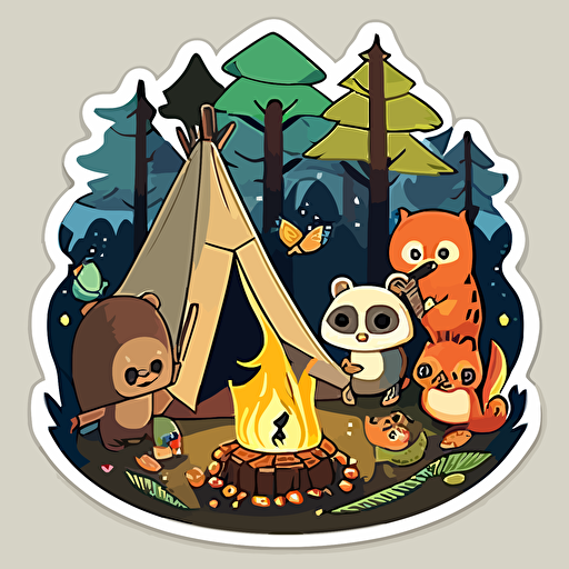 cartoon campsite, woodland animals, campfire, vector art sticker