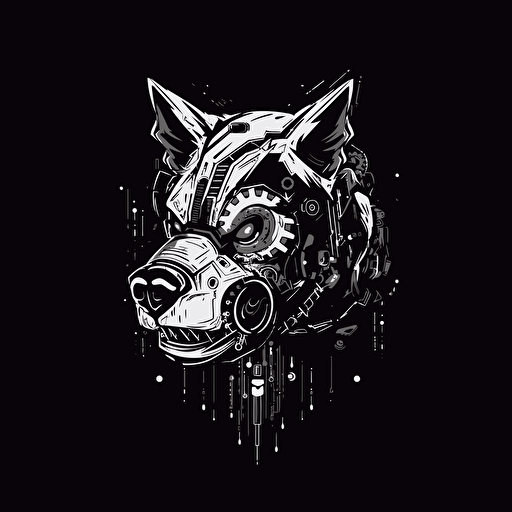 Angry wolf, Banksy style, black background, large closed shapes, fantasy roboter, white space to fill, abstract, artistic, pen outline, white background, very simple, full field of view, centre, minimalistic logo vector art , simple flat vector logo