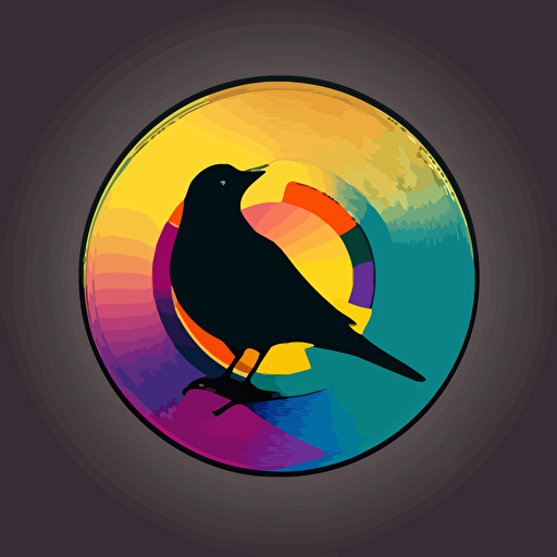 a small confused bird standing on a vinyl record, logo design, vector, illustration, triadic colours, simple