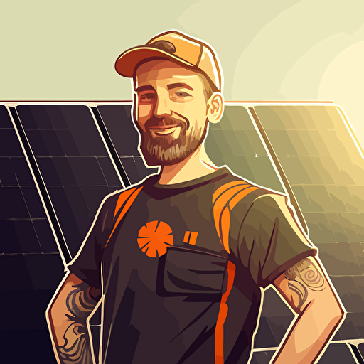 trustworthy male solar installer, vector art, minimalistic, solar panels in the background