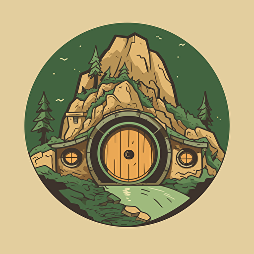 logo design, flat 2d vector logo of a hobbit hole, muted green and gold colors, 80s, lord-of-the-rings-inspired