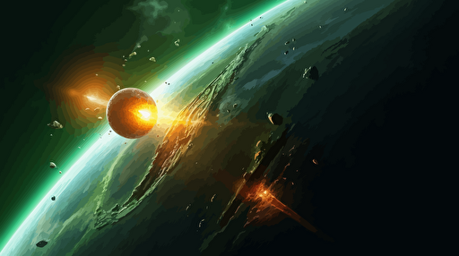 A scene taking place in outer space. On the right side of the image: an undiscovered jungle planet with jungle-like details dotting its surface and a hazy green atmosphere. On the left side of the image: a spaceship quickly approaching the planet and entering its atmosphere with flames surrounding it. Wide angle, indications of high rates of speed, flat vector illustration