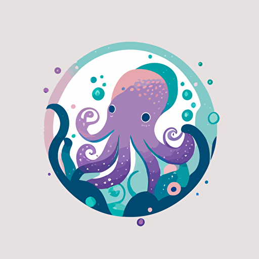 circle logo design, flat 2d vector logo of a cute octopus, muted purple and blue colors, 80s, disney-inspired