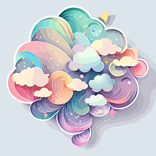 Vector sticker design, transparent background, shimmer pastel toning swirling clouds against blue sky background