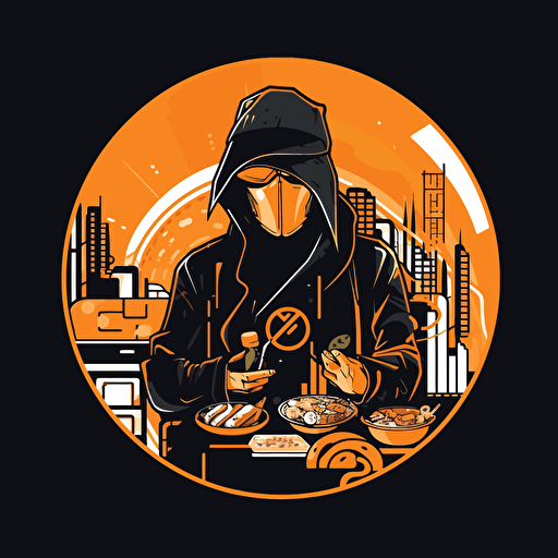 2D vector street food logo in geometry cyberpunk style. Orange & Black colors