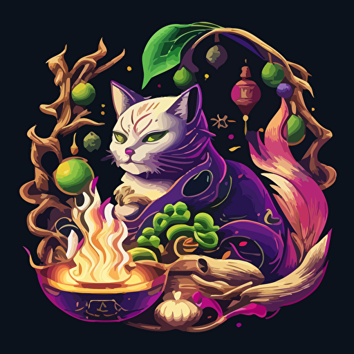 cat japanese style with fire flames gold coins fruits hi-tech vector detailed high definition purple green red white
