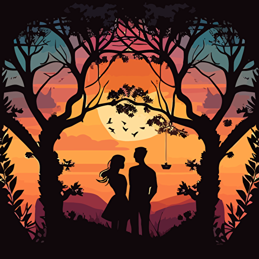 young couple, in love, in a garden with a wonderful view of the sunset and trees, in vector