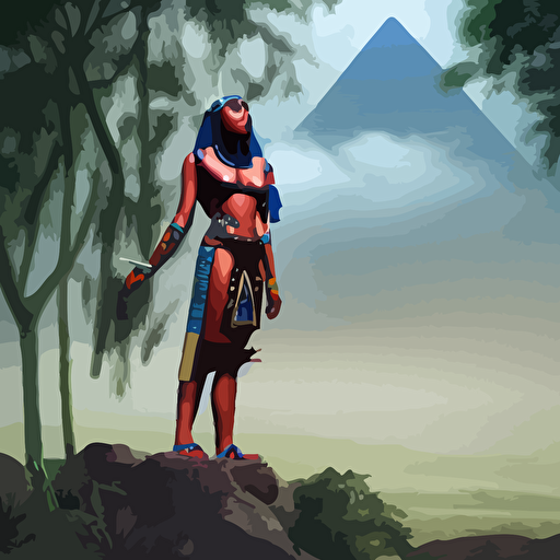 vibrant matte painting realistic egyptian cyborg misty jungle surrounded clouds yuuki morita trending artstation unreal engine 3d 4k matte painting shiny