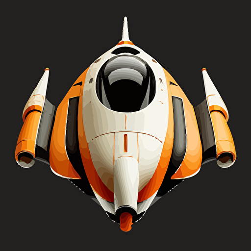 orange and white space ship on black background, top-down view, clean, simple, no shadows, vector
