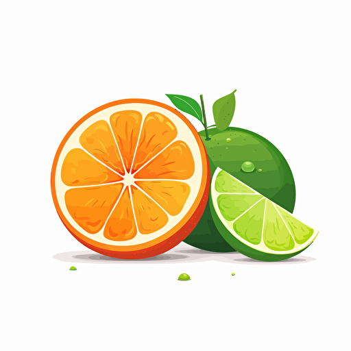 2d illustration of minimalist, orange fruit with half of a green lime laying in front, 2d, clean, illustration, vector, white background, cartoon, flat colors