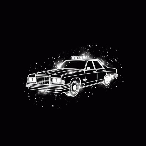 police car on fire, white on black background, no shading, 2D, vector, minimalist, solid line,