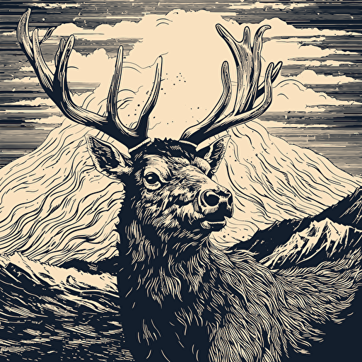 illustrated elk bowing head in contemplation, black and white vector, simple, ::woodblock style