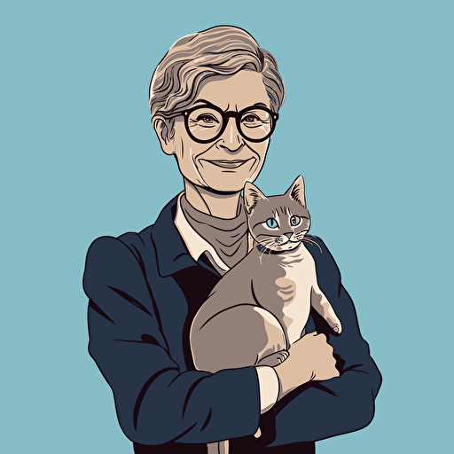vector art style, 62 year old female tech executive, holding a cat, in the style of Micheal Parks
