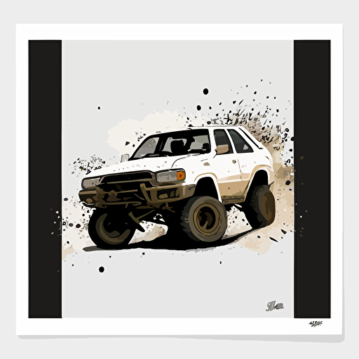 driving forward, no background, simple art, front view of a white Toyota 4Runner, 5th generation 4runner, illustration type, clean, vector image, big wheels, lifted truck, wheels spinning, dirt being thrown from tires, dirt, off road, 4 wheeling, 4x4