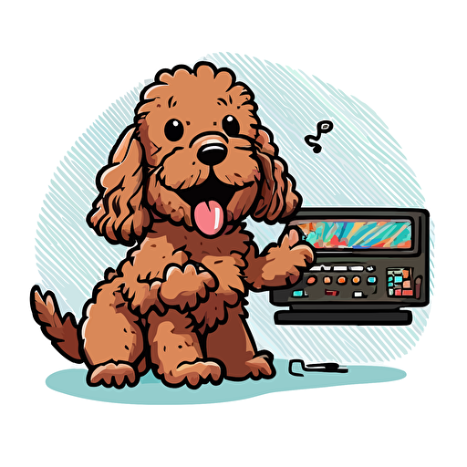 a very happy tan cockapoo playing video games cartoon style with white background, vector