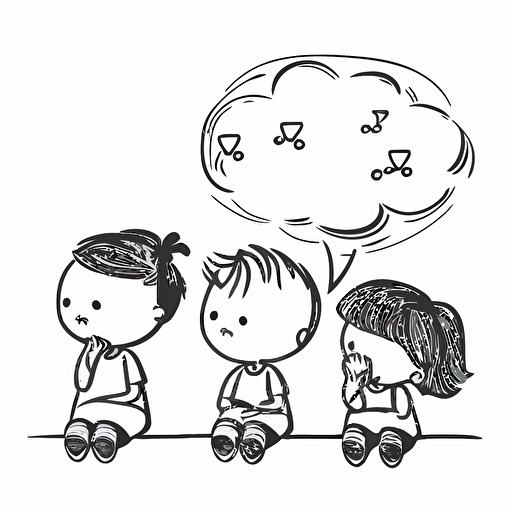Flat design illustration of children happily thinking about the future, line drawing art, black and white, simple and beautiful, vector art,