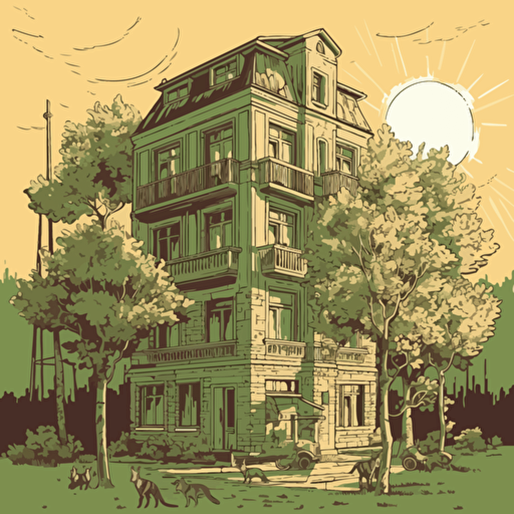 an illustration of a two story multifamily building, with green oak trees, a cat, sun, limited color pallete, beautiful, detailed, vector, svg, shadows, highlights, inspired by art by andrey propenko,