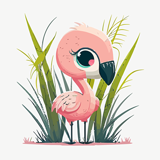 Vector cute kawaii flamingo, white background, tall grass,pastel colors,winking,looking at the camera,thick legs ,clip art,no background