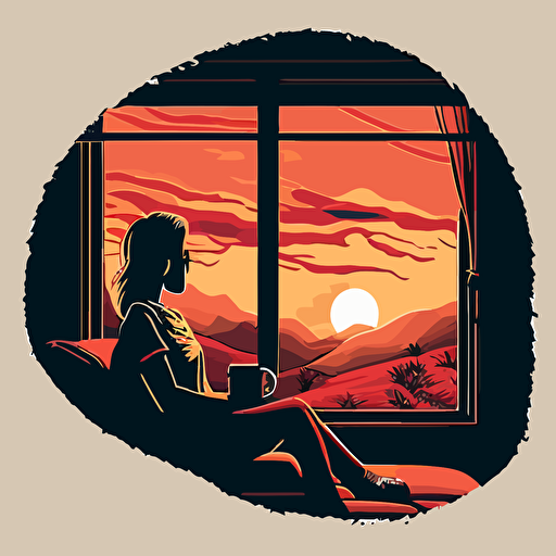 women sits on a couch looking outside with cup of coffee during sunset, vector