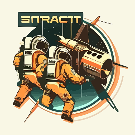 vector illustration of astronauts building a space station in space, logo, retro colors.