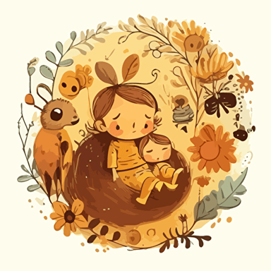 Illustration featuring a happy, baby girl is a humanized bee. Depict the family, including the newborn baby, her 3-year-old brother, mother and father, all joyfully celebrating the baby's arrival. honey, beehive, flowers. Warmth love charming, whimsical setting. Drawing, colorfull, sketch, vector.