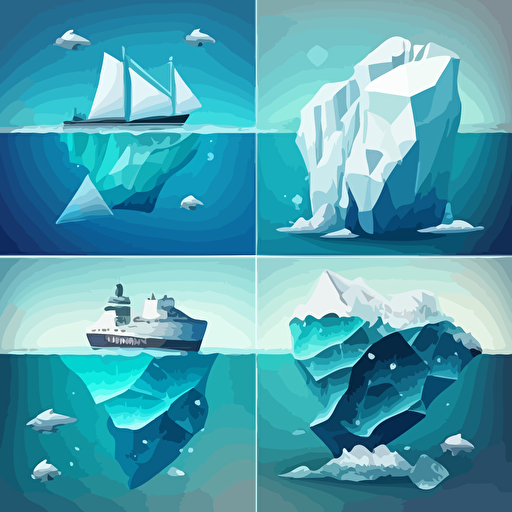 On the left side, four icebergs of different sizes in a row, one sinking ship from hitting an iceberg, another ship with a hexagon logo on it on the right side of the picture, in the ocean, vector image