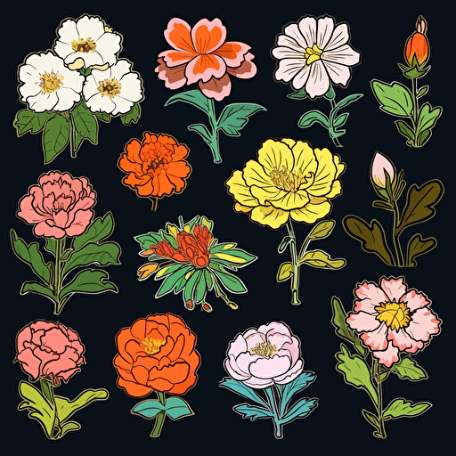 Assorted drawings of flowers, korean style, pop art, vector illustration