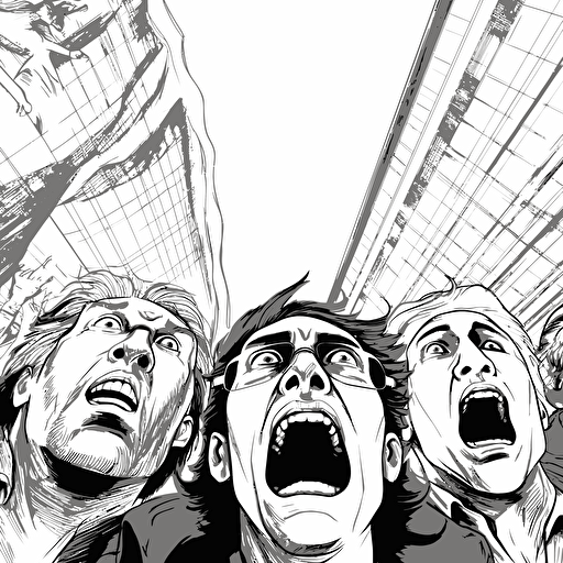low angle people shouting line vector drawing wide shot, wider frame ,wide lensing ar 16:9