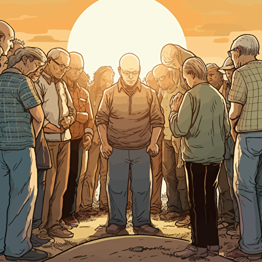 *WIDE ANGLE shot. A warm sunny summer day nearing sunset as background, Vector art, softly colored. a small group of elderly modern day Christians have gathered casually to pray with a old bald guy in the middle. They are huddled together praying with heads bowed and holding each other's hands facing the horizon. angel spirit hovers above them.