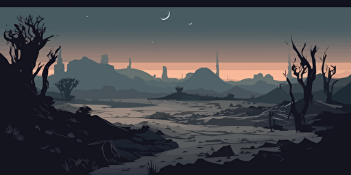 vector illustration, flat colors, background. A desolate wasteland of black sand and ash, where creatures adapted to the harsh environment roam free.