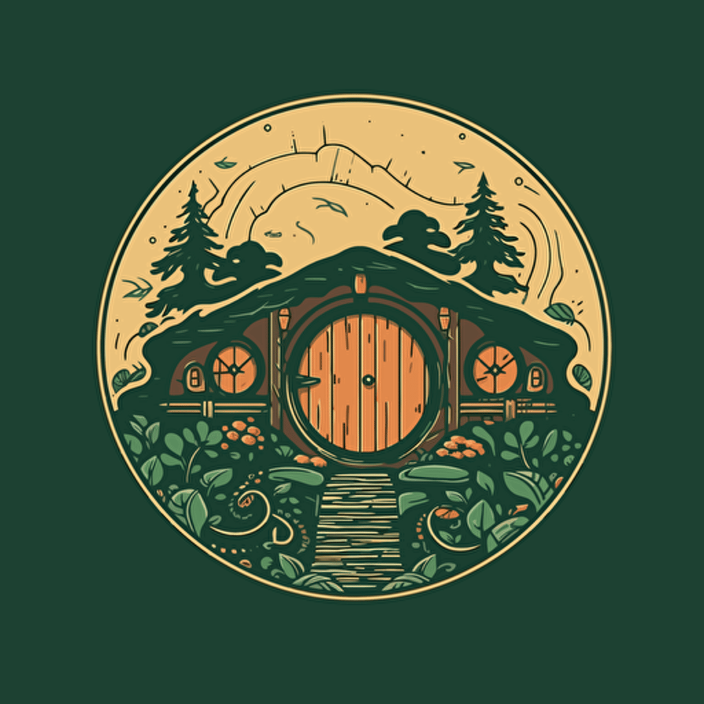 Logo design, flat 2d vector logo of a hobbit hole, muted green and gold colors, 80s, vector illustration