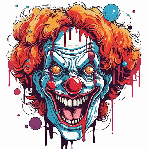 a deranged clown, gritty, scary, horror, gross, vector, sticker, detailed