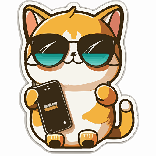 Kawaii cute happy cat wearing handphone sunglasses, professional Sticker vector, contur white background