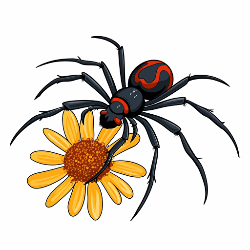 black widow spider, flowers, detailed, cartoon style, 2d clipart vector, creative and imaginative, hd, white background