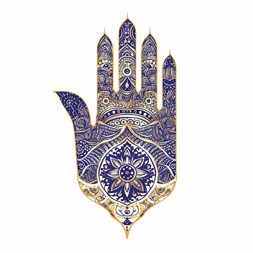 Fatma's hand navy drawing with gold and navy pattern inside with nazar vector, white background, line draw