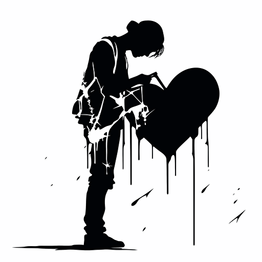 broken heart, stencil graffiti design, banksy, 2d, vector, white background