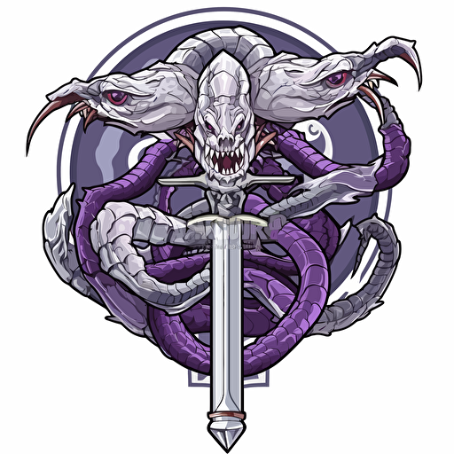 three-headed hydra sticker, vector art, superimposed clean sword, white background, purple tones, no image noise, hyper detailed, maximum detail
