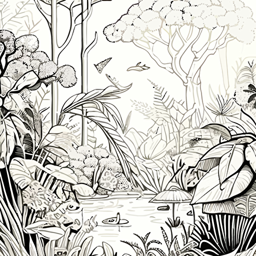 vector line drawing with wallpaper pattern, depicting polluted jungle scenery