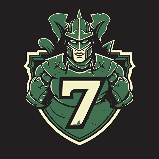 rugby team logo with green as primary color, illustration vector art, saracen warrior with scimitars in shape of the number 7