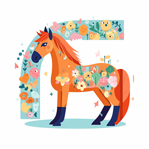 cute horse with letter, simple vector flat illustration, white background