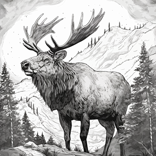 Grizzly bear pretending to be an Elk, Black and white illustration : : vector style